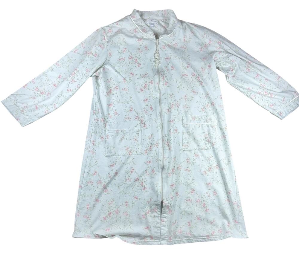 Miss Elaine Womens M Floral Zip Front Robe Housecoat Cottagecore Pink White